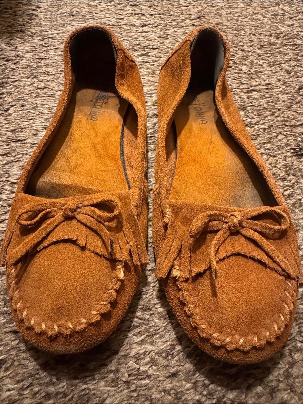 Minnetonka Suede Fringe Bow Moccasins - Cognac Brown